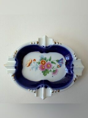 Vintage Ladies Porcelain Ashtray cobalt blue hand painted floral Made In Japan